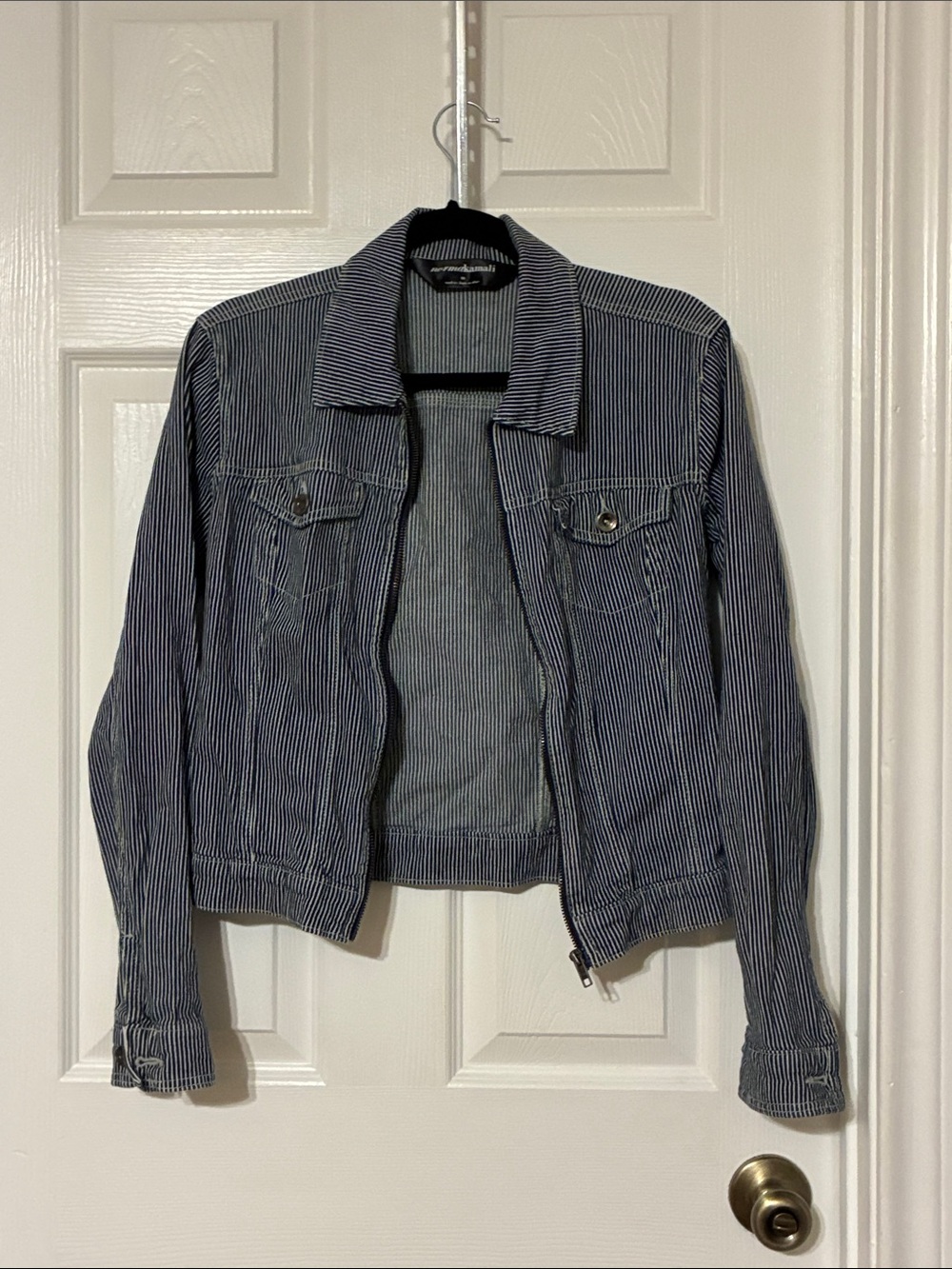 Norma Kamali Blue and White Striped Jean Jacket